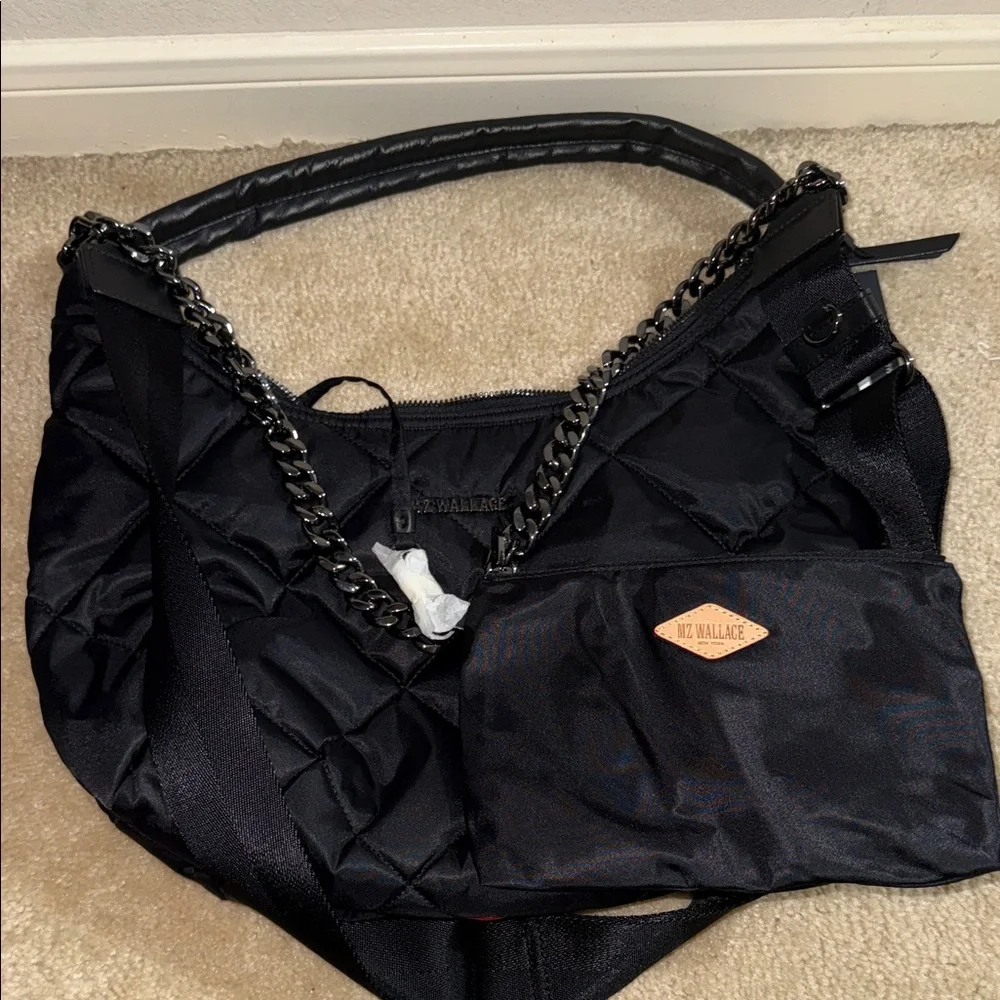 MZ Wallace Quilted Black Nylon Hobo with Silver Chain Accent